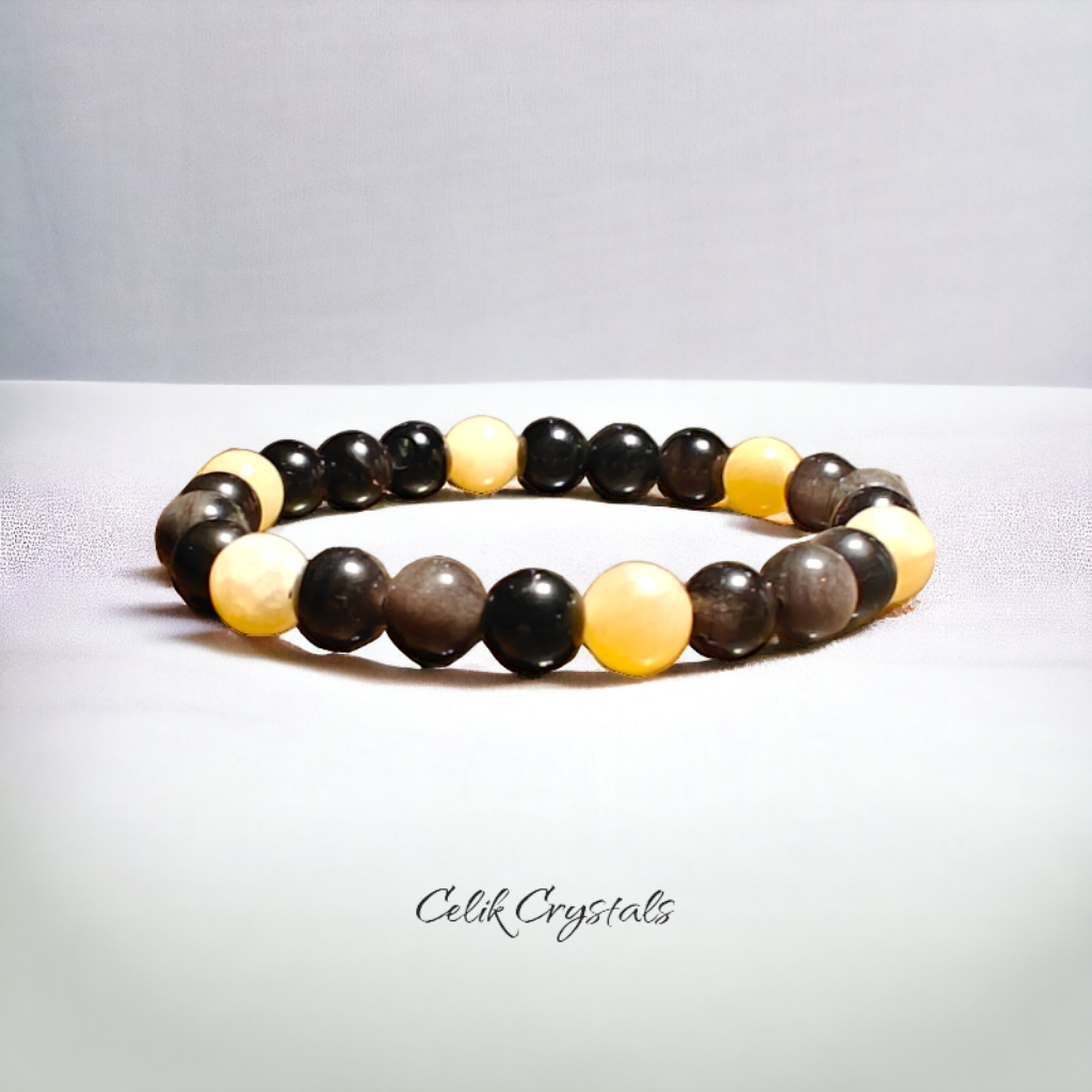 Silver Obsidian & Honey Calcite Bracelet Natural Stones 8mm Unisex